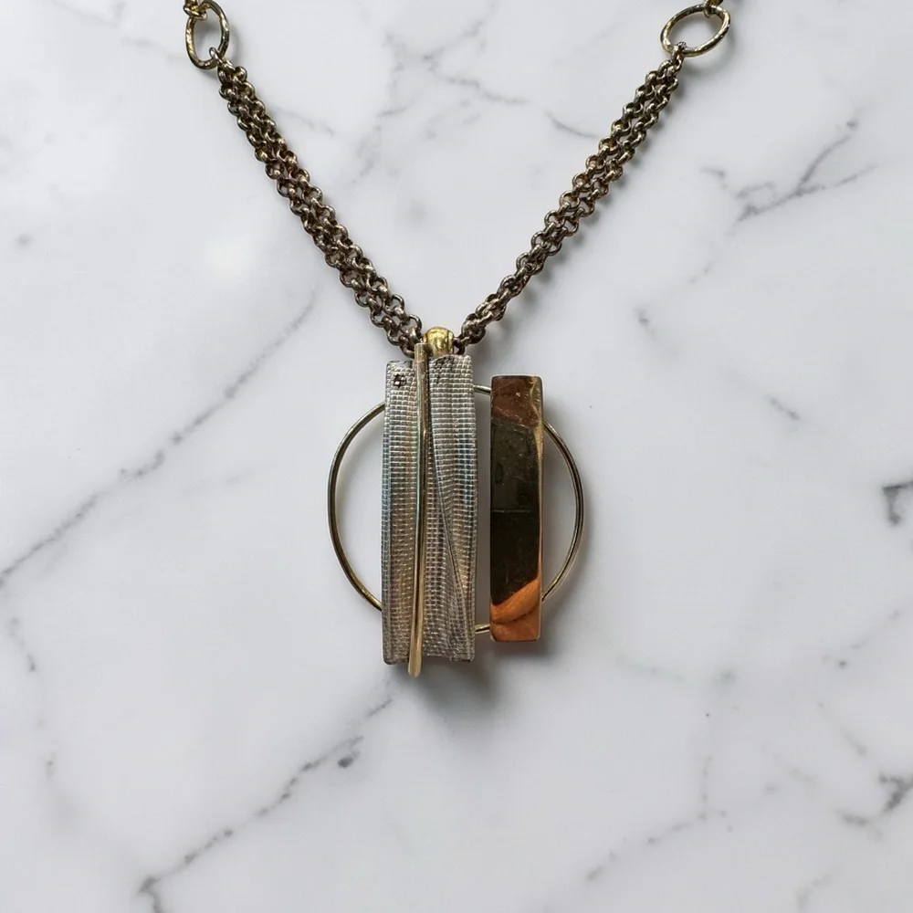 Retro 80s Gold and Silver Modern Multi-Bar Pendant Necklace